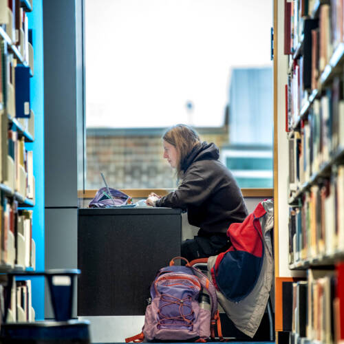 Clair Czadzeck dedicates time to studying on the second floor of the Mary Idema Pew Library, leveraging the university's resources to achieve academic success